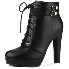 アレグラ ケー レディース シューズ ブーツ・レインブーツ プラットフォーム アンクル レース ヒール ALLEGRA K Womens Lace Up Straplatform Block Heels Ankle Boots Black ブラック