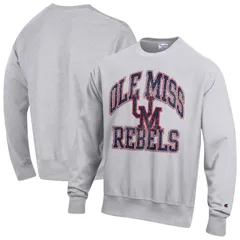 チャンピオン メンズ トップス Tシャツ クルーネック スウェット ロゴ Mens Champion Gray Ole Miss Rebels Distressed Arch Over Logo Reverse Weave Crew Neck Sweatshi