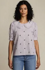 ランズエンド レディース トップス シャツ Lands End Easy Care Puff Sleeve Statement Collar Shirt WhiteBrown Floral Stripe ホワイト