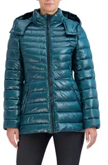 コールハーン レディース アウター ジャケット・ブルゾン コート Cole Haan Pearlized Mixed Quilt Hooded Puffer Coat Emerald エメラルドのサムネイル