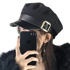 【新品】 WHITE FANG(ホワイトファング) キャスケット 帽子 秋冬 防寒 レザー ベルト ハット キャップ おしゃれ レディース CA061 (ブラック) 0
