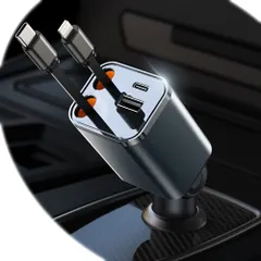【送料無料】【ミニ 巻き取り式】4in1 車 充電器 シガーソケット 4台同時充電 カーチャージャー 巻き取り式充電ケーブル 2本 87W急速充電 車載充電器 対応iPhone 16/15/14/13/12, Galaxy S22/S21 U 6282baa8