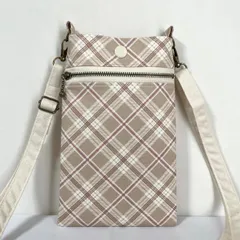 スマホポシェット バイアス チェック柄 ベージュ系 ショルダーストラップ付き