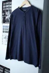 (M-L) トミーヒルフィガー 長袖Tシャツ ヘンリーネック ネイビー 無地-1819A