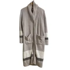 美品 gelato pique ジェラートピケ パウダー ライン ロングカーディガン ルームウェア サイズF グレー レディース 古着 中古 USED