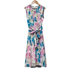 美品 Chesty チェスティ フラワープリント ノースリーブ ロング プリーツワンピース サイズ0 マルチカラー レディース 古着 中古 USED