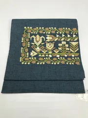 【中古】 名古屋帯 交織 濃紺地に唐花文様 八寸 お太鼓柄 