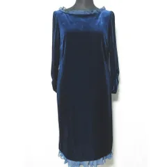 美品 ELISA エリザ ベロアフリルワンピース ギャザースリーブ 七分袖 ミディドレス 2 ブルー レディース 古着 中古 USED