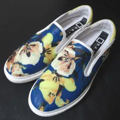 新品同様 DATE デイト フラワープリント レザー スリッポン スニーカー シューズ 25.5cm ブルー系 レディース 古着 中古 USED