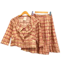 シビラ SYBILLA セットアップ ジャケット スカート チェック 刺繍 七分袖 膝丈 M 赤 レッド 黄 イエロー