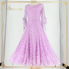 社交ダンス 衣装 prima boutique プリマブティック ドレス スタンダード パープル系 紫 レース リボン 準正装 スタンダードドレス ドレスワンピース ラテンドレス ではない タフタ風 幾何学模様 ラメ柄 フレアスカート 袖リボン付き 長袖