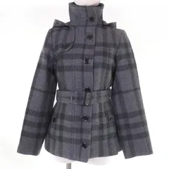 極美品☆BURBERRY LONDON バーバリーロンドン ウール アンゴラ混 チェック柄 ベルト・フード付 ショート コート グレー 38 日本製 正規品 レディース