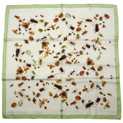 【名東】エルメス カレ90 Les Insectes 昆虫 グリーン シルク オレンジ ブラウン ストール スカーフ 高級