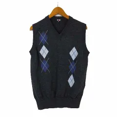 ヴァン ヂャケット VAN JAC ニット ベスト セーター ノースリーブ アーガイル柄 ウール M チャコールグレー 紺 ネイビー