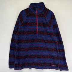古着 エディー・バウアー Eddie Bauer フリース ジャケット ハーフジップ プルオーバー ワンポイント刺繍 XL  ブルー系 総柄 レディース