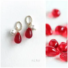 ◆ 426 シャム レッド しずく ガラス パール ピアス イヤリング ◆　再販 人気 上品 シンプル 小ぶり プチプラ ハンドメイド 赤