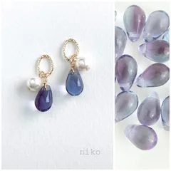 ◆ 329 アクアマリン アメジスト しずく ガラス パール ピアス イヤリング ◆　再販 人気 上品 シンプル 小ぶり プチプラ ハンドメイド 紫 パープル