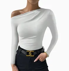 【ホワイト】オフショルダー オフショル ロングTシャツ ロンティー トップス レディース 長袖 タイト フィット 無地 セクシー きれいめ カジュアル ストレッチ 着痩せ 春夏