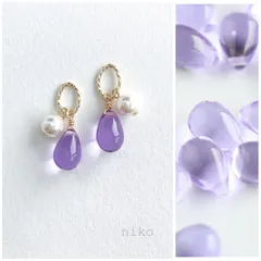 ◆ 424 ライト バイオレット しずく ガラス パール ピアス イヤリング ◆　再販 人気 上品 シンプル 小ぶり プチプラ ハンドメイド 紫 パープル