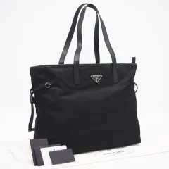 ★3日以内返品可★ 美品 PRADA プラダ テスート レザー ロゴプレート トートバッグ 1BG401 トートバッグ ブラック ナイロン レザー レディース