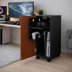 【完成品】ゲーム機収納ラック PS5対応 スライド棚 キャスター付 ゲームラック 縦置き収納 (黒ブラウン／白ホワイトナチュラル）) アウトレット品