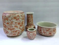 茶道具 皆具 赤絵 蔦紋 渋草焼 6代 渋草柳造 新品 飛騨高山 水指 杓立 蓋置 建水 芳国舍