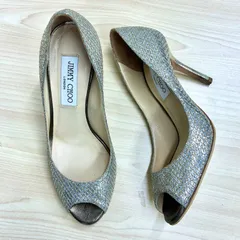 【ジミーチュウ JIMMY CHOO】オープントゥグリッターパンプス 36 1/2 シルバー×ゴールド