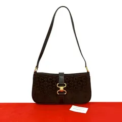 極 美品 CELINE セリーヌ C マカダム ロゴ 刻印 金具 スウェード カーフ レザー 本革 セミ ワン ショルダーバッグ ポーチ ブラウン 48216