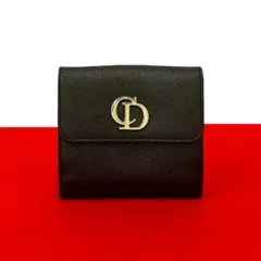 極 美品 Christian Dior ディオール CD ロゴ 金具 レザー 本革 ダブルホック 二つ折り 財布 コンパクト ウォレット ブラック 黒 27485