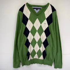 古着 トミーヒルフィガー TOMMY HILFIGER ニット プルオーバー Vネック アーガイル 大きいサイズ 2XL  グリーン系 チェック メンズ