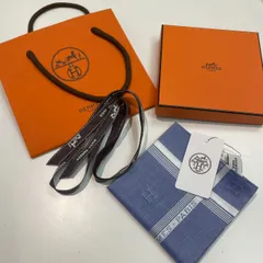 【成】新品未使用品!! 付属品完備!! HERMES MADE IN FRANCE エルメス コットン100% ハンカチーフ ポケットチーフ スカーフ メンズ レディース ブルー系【5710YO】D14