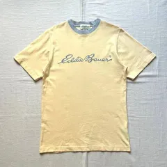 希少　90s　vintage　旧タグ　Eddie Bauer　エディーバウアー　バターイエロー　筆記体デカロゴプリント　半袖コットンTシャツ　カットソー　グッドレギュラー　一点物　Y2K　アウトドア　C-BOY　butter yellow ringer-T