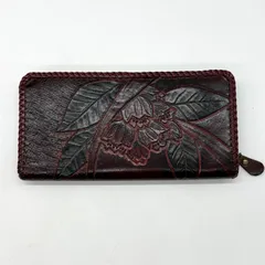アンティーク調 花草柄 ラウンドファスナー 長財布 カービング レザー ファッション小物