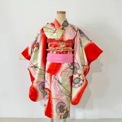 七五三　7歳女の子　着物　四つ身　手毬　オレンジ系　可愛い　長襦袢　作り帯セット　帯揚げ帯締めしごき付き　ビンテージ　#きもの猫田　T472