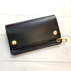【真鍮】牛革トラッカーウォレット　ミドルサイズ　 ブラック　シンプル　黒　ファスナー　ミニ財布　バイカーウォレット