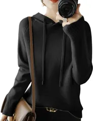 newNE ニューネフード付き パーカー レディース 長袖 シンプル 無地 カジュアル おしゃれ ニット トップス プルオーバー スポーツ 着心地 フルジップなし ショート丈 ストリート トレーニング 柔らかい スエット 韓国 (ブラック,  M)