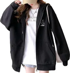 newNE ニューネ ラビット 裏起毛 ジップアップ パーカー アウター あったか カジュアル オーバーサイズ 厚手 シンプル ゆる あたたかい おしゃれ おおきい アウトドア 秋冬 (ブラック,  2XL)