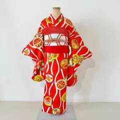 七五三　7歳女の子　着物　四つ身　朱色系　赤系　　手毬　長襦袢　作り帯セット　帯揚げ帯締めしごき付き　ビンテージ　#きもの猫田　T469