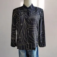 90's ヴィンテージ 昭和レトロ 幾何学 ちりめん風 スタンドカラー ブラウス