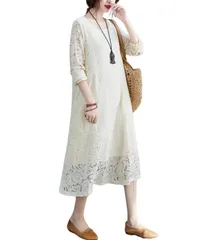 [グリーンパキラ] 在庫限り レース ワンピース レディース 春 夏 秋 ワンピ 長袖 aラインワンピース 花柄 ロング 大人 きれいめ 上品 カジュアル 膝下丈 女性 襟なし ベージュ (M, アプリコット) [アプリコット] [M]