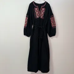 Another Edition アナザーエディション ツイル刺繡 ワンピース ボリュームスリーブ コットン100％ ロング丈 ブラック　　　　T-219