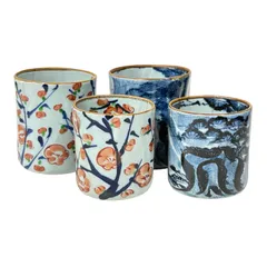 有田焼 文山窯 手捻り布目染付 湯飲み 梅 山水 4個セット