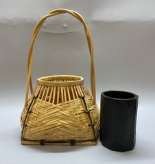 ほぼ未使用 華道具 染竹 友禅花籠 加茂川籠 白竹 一輪挿し 花籠 2点 元
