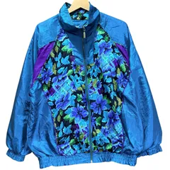 90sヴィンテージ古着 BASIC EDITIONS 花柄切替 ナイロンジャケット ブルゾン 総柄 ブルー 紫 ボタニカル レトロ 派手 個性的 ストリート Y2K レディースM/L相当 メンズ ゆるだぼ オーバーサイズ / MS580