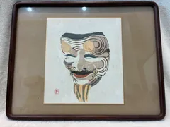 【縁起物】能面 描き絵「翁」色紙 額装 伝統芸能  落款有 長寿 招福