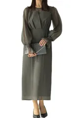 [MORE AUNI] パーティー ドレス シフォン ポエット スリーブ ロング ワンピース ドレス お呼ばれ 結婚式 2次会 キャンディスリーブ epic day ボリュームスリーブ300068 (CHA LL) [チャコール / 300068] [2L]