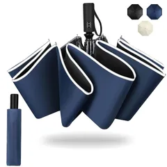【新品】 【 超撥水加工・ 8本骨折りたたみ傘】ワンタッチ自動開閉 大きい おりたたみ傘 直径103cm 耐風 豪雨対応 反射テープ 折り畳み傘 男女兼用 日傘 UVカット 紫外線遮断 反射テープ 軽量 折畳傘 収納ポーチ付き (ネイビー) 0