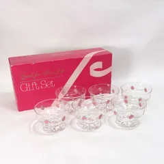 昭和レトロ ◆【ガラス】昭和レトロ/いちご柄 アイスクリームセット（6個組） KG-8608 雑貨 インテリア アンティーク ギフト【未使用】 