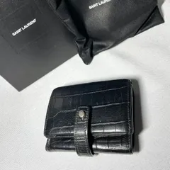 美品 Saint Laurent Paris サンローランパリ 三つ折りレザー財布 黒 YSL クロコダイル 型押し コンパクトウォレット 付属あり