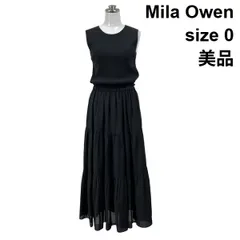□ 美品 ミラオーウェン Mila Owen ロングワンピース ノースリーブ リブニット ティアード クルーネック 黒 綿 0 S 7号 レディース S6D369